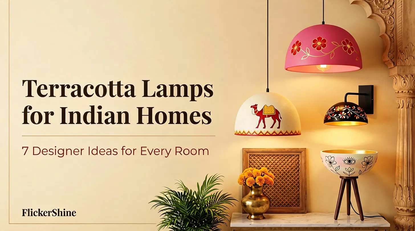 Handcrafted Jaipur terracotta lamps for Indian homes: pink pendant, camel pendant, black wall lamp and bowl table lamp